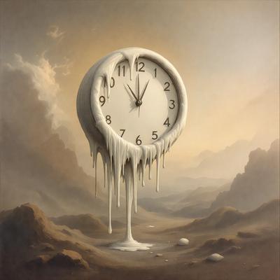 The primary subject of the image is a large, white clock with melted wax dripping from it. The clock is placed in a rocky, barren landscape, which serves as the setting for the scene. The visual style of the image is a painting, with the artist using a combination of colors and textures to create a dramatic and moody atmosphere.
